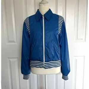 Foxmoor Women’s Blue Bomber Jacket Zip Pockets Striped Rib Trim Size M
